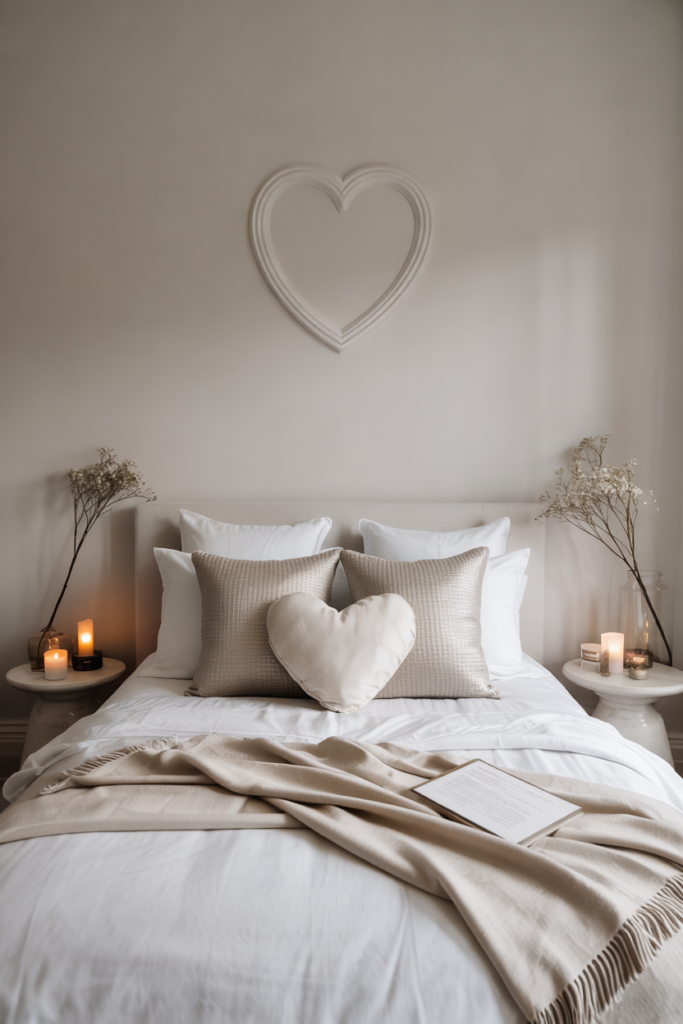 Minimal white-on-white bedroom with a flawlessly made bed in cream linens, subtle tonal heart details, and a folded boucle throw for texture.