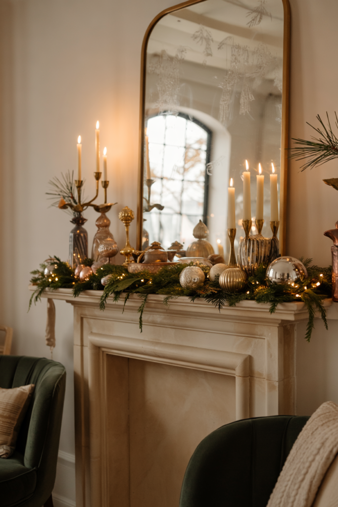A winter mantel styled with mixed aged brass and patina copper candlesticks and bells, glowing softly with candles and greenery for a warm, elegant holiday look.