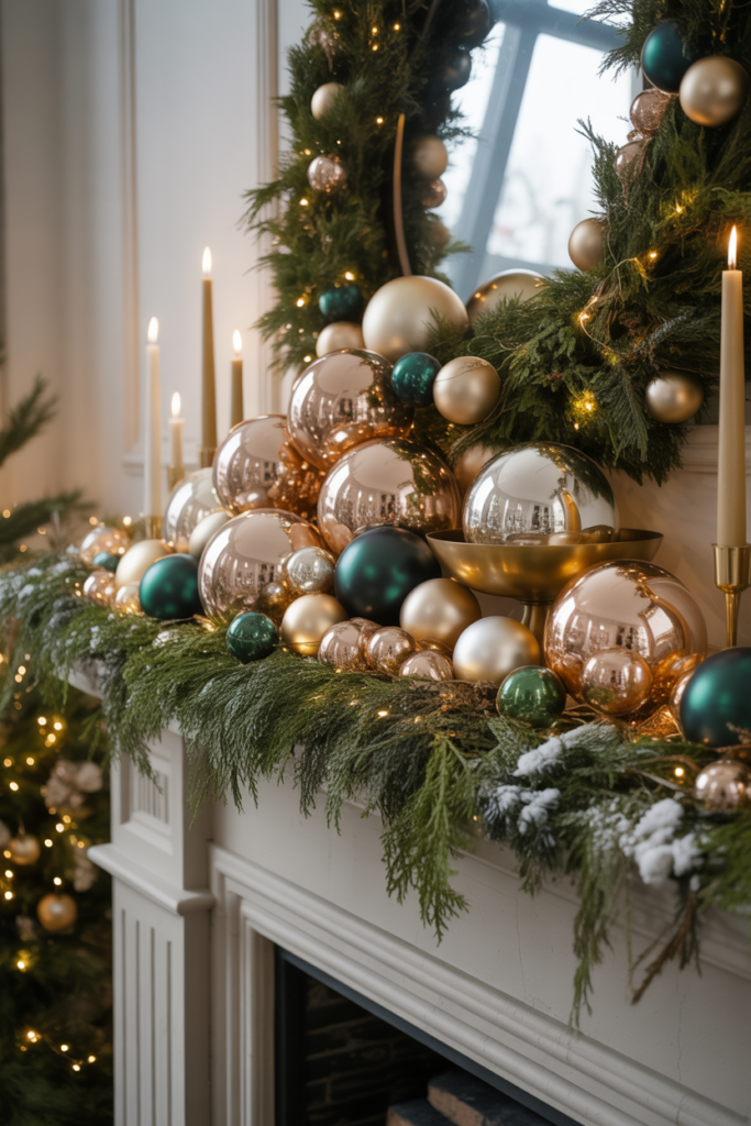 A winter mantel styled with large and small ornaments in metallic tones, mixed with garland, candles, and fairy lights for a bold, luxurious “more is more” holiday look.