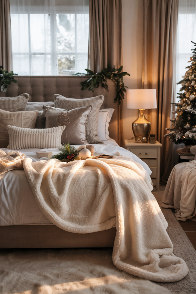 A cozy bed piled with mixed textures—velvet, bouclé, chunky knit, and faux fur throws and pillows—creating deep, touchable holiday layers.