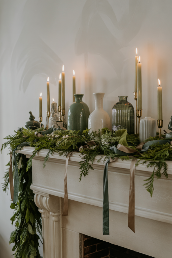 A winter mantel styled in layered moss-green tones with vases, candles, garland, and velvet stockings, creating a rich monochromatic and cohesive festive look.