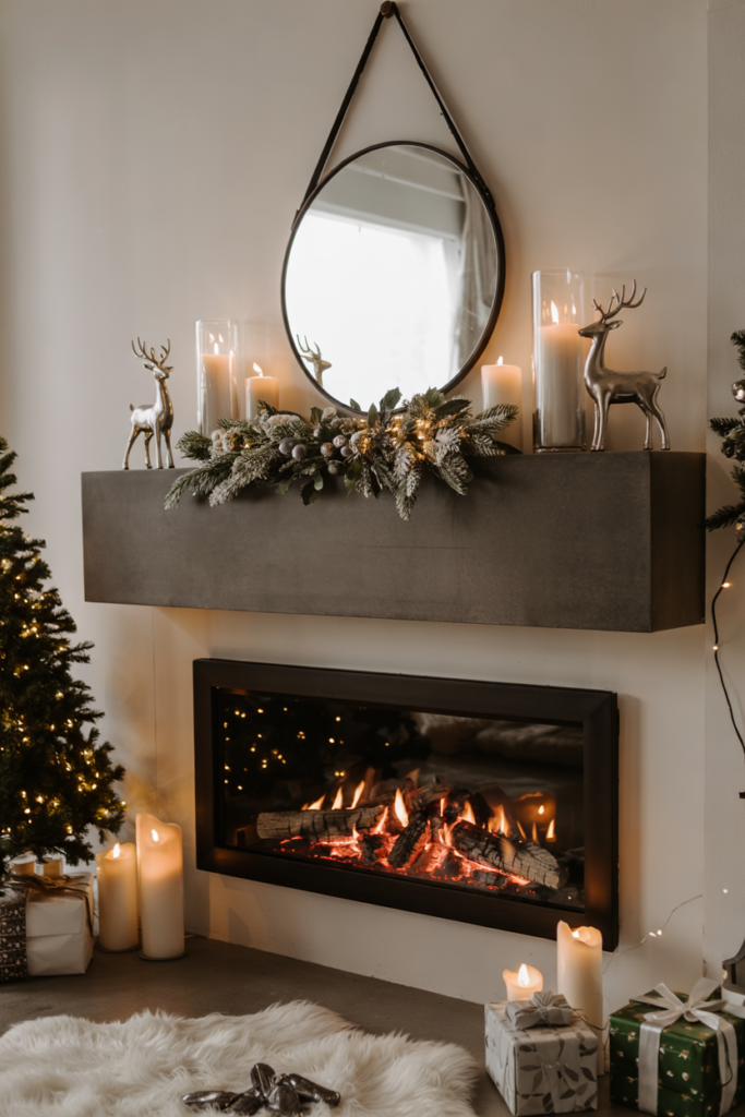 A modern monochrome Christmas fireplace with black, white, and silver décor, featuring sleek metallic accents, frosted garland, and minimalist candles for a chic, contemporary holiday look.