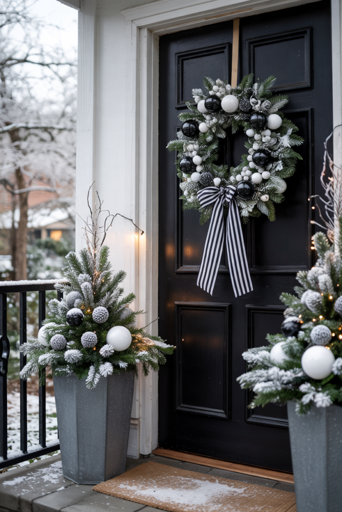 A crisp black-and-white entry with a snow-kissed evergreen wreath decorated with matte-black and pearlized white baubles, a bold striped ribbon, matching planters, and gentle falling snow.