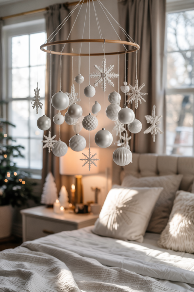 A pearl-white monochrome ornament mobile of porcelain, and icicle pendants suspended above the bed, glowing softly with integrated micro-lights.