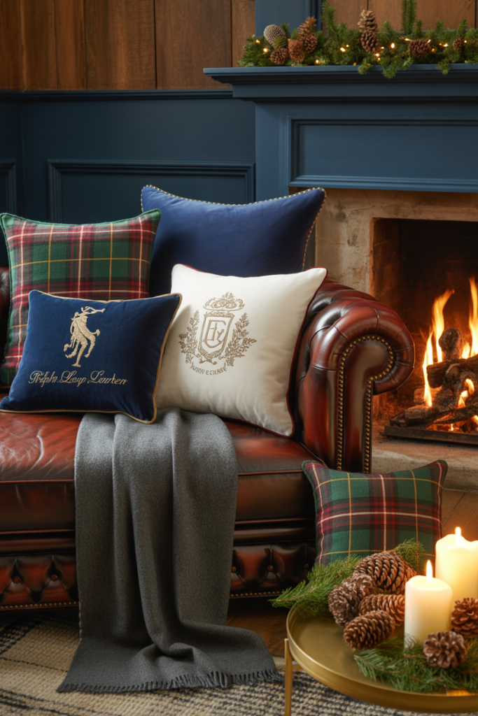 Ralph Lauren–style living room with monogrammed and heritage plaid throw pillows on a leather sofa, layered textures, cozy wool throws, brass accents, and festive evergreen touches in a warm, luxurious Christmas setting.