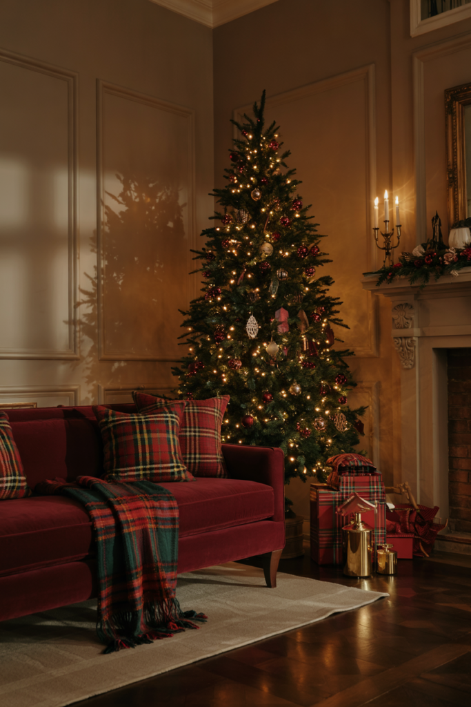 Ralph Lauren–style Christmas interior with a moody color palette of forest green, deep burgundy, navy, and gold, featuring layered textiles, brass accents, pinecones, and a cozy, sophisticated holiday ambiance.