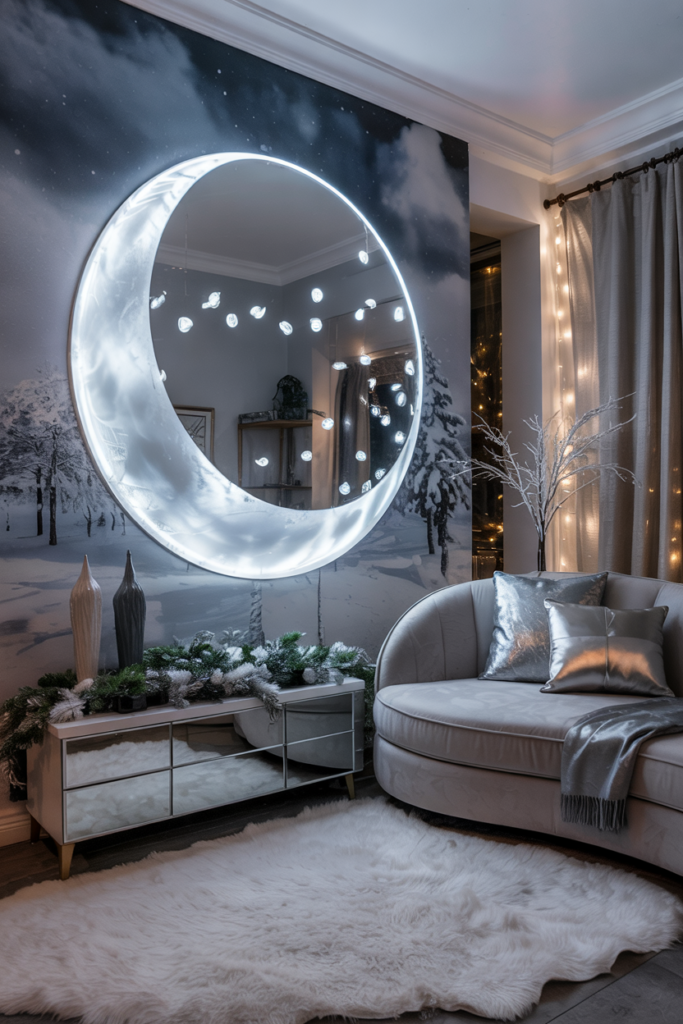 Modern winter living room featuring a large circular mirror with LED backlight glowing like a moon above a console, surrounded by snowy-white decor and soft silver-blue accents.