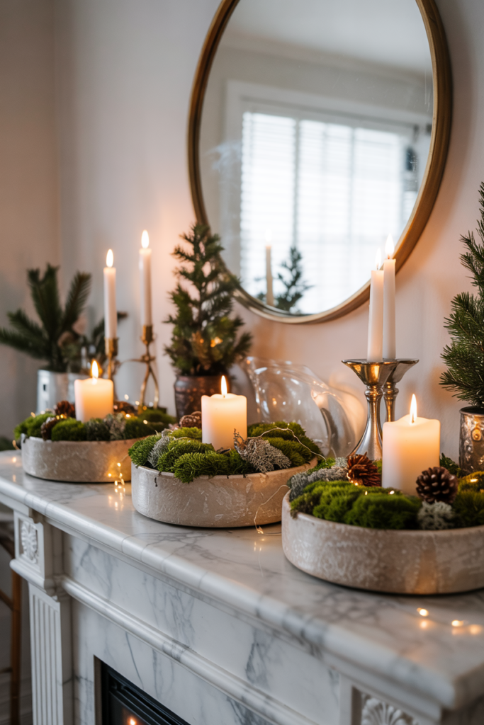 A modern winter mantel with moss-lined bowls and pillar candles, styled with natural textures and warm candlelight for an elegant forest-inspired holiday look.