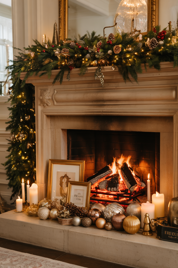 A Christmas fireplace mantel decorated with layered garlands, stacked framed art, hanging elements, and numerous ornaments, creating a rich, maximalist, and festive holiday display.