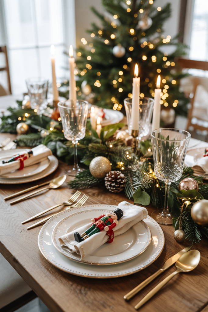 Festive dining table with Nutcracker-themed napkin rings and luxurious holiday décor.