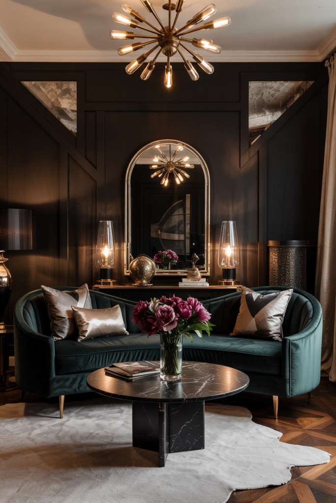 Neo-Deco living room with an emerald velvet curved sofa, black marble coffee table, brass sputnik chandelier and navy geometric wall panels, warm and lived-in.