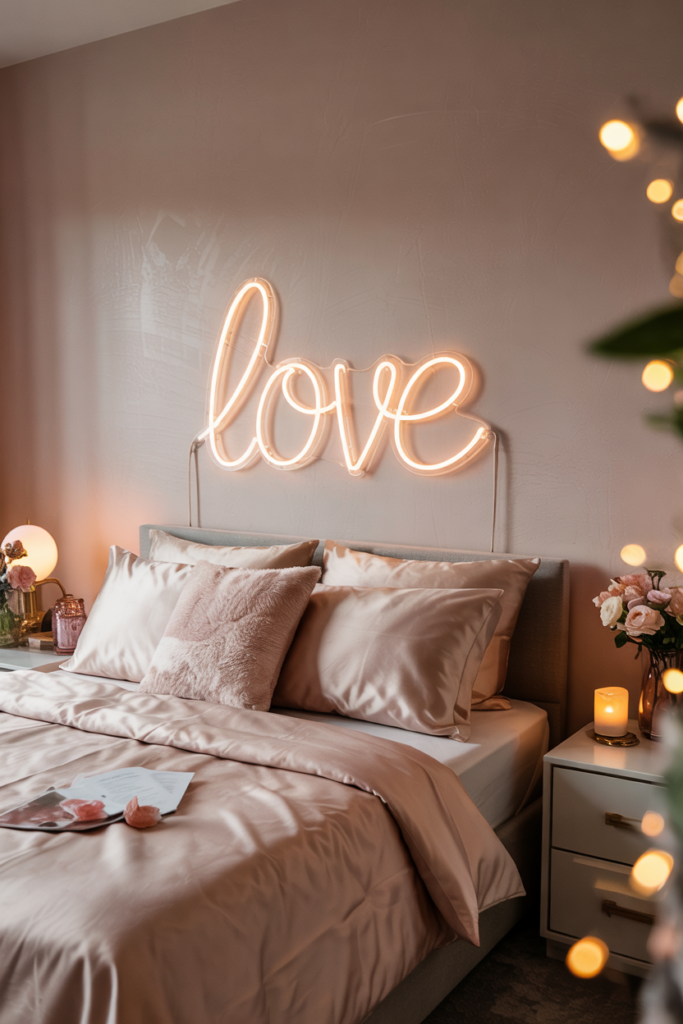 Cozy bed under a soft blush-pink neon “LOVE” sign glowing gently against a textured neutral accent wall with warm bedside lighting.