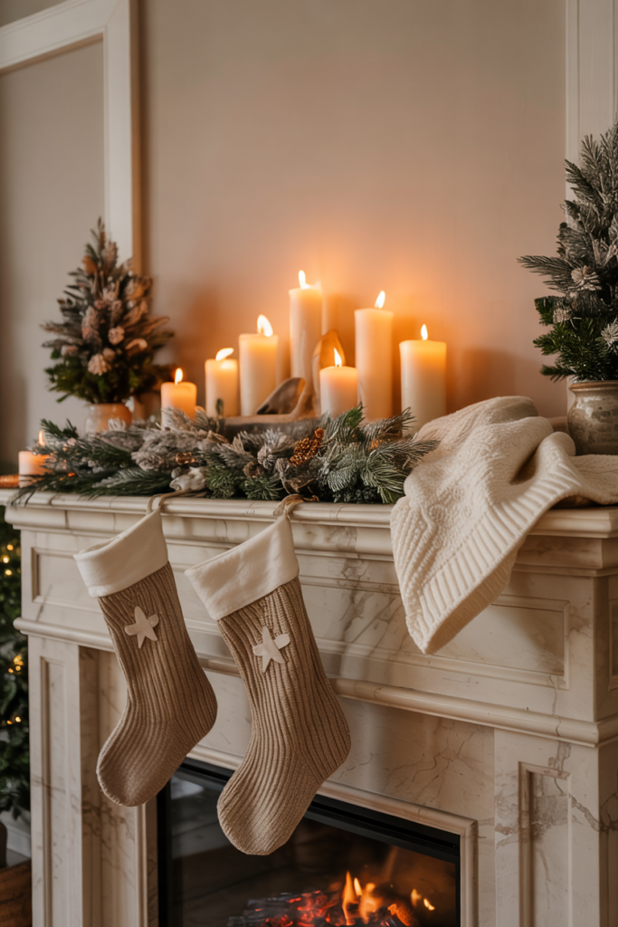 A Christmas fireplace mantel decorated with wool and linen stockings, knit blankets, and neutral-toned greenery, creating a calm, textured, and understatedly elegant holiday display.