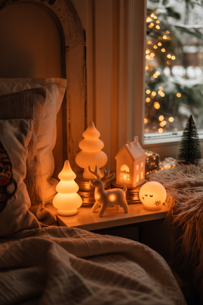 A nostalgic cluster of ceramic tree and reindeer ,house night-lights casting soft silhouettes and warm ambient light across a cozy, textured bed.