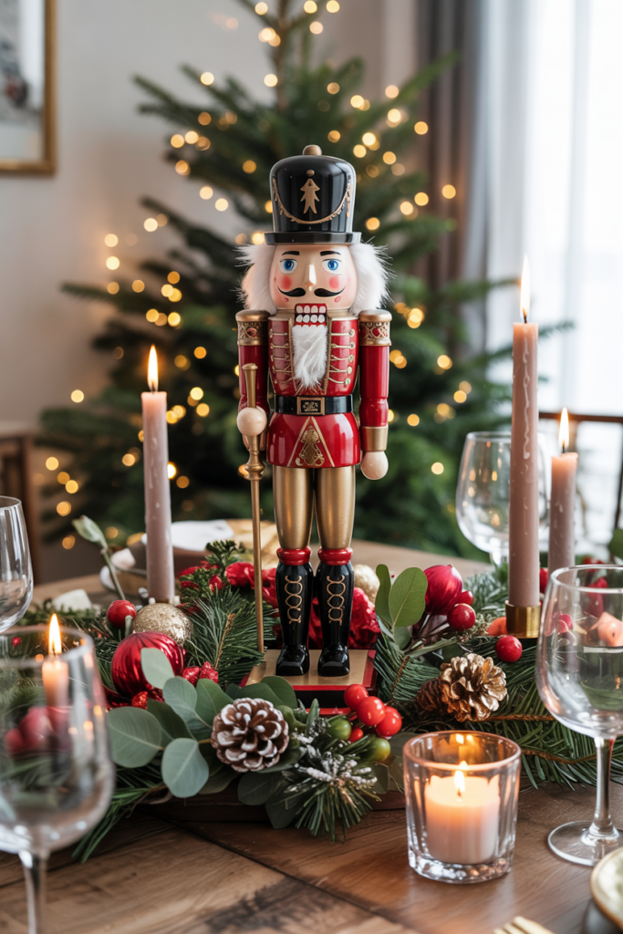 Large Nutcracker centerpiece with greenery, candles, and gold accents on a holiday dining table.