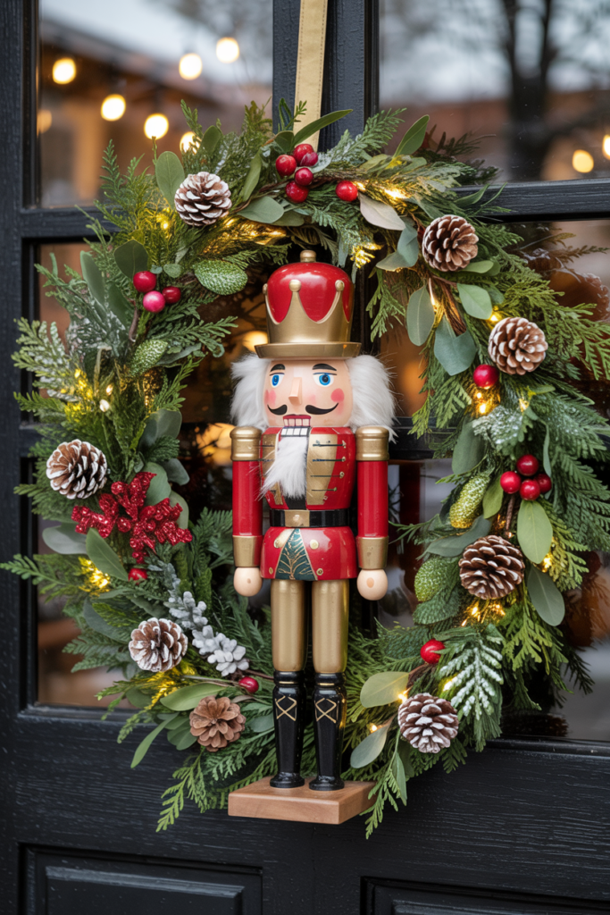 Classic red-and-gold Nutcracker wreath with greenery, gold accents, and twinkling lights on a modern rustic door.