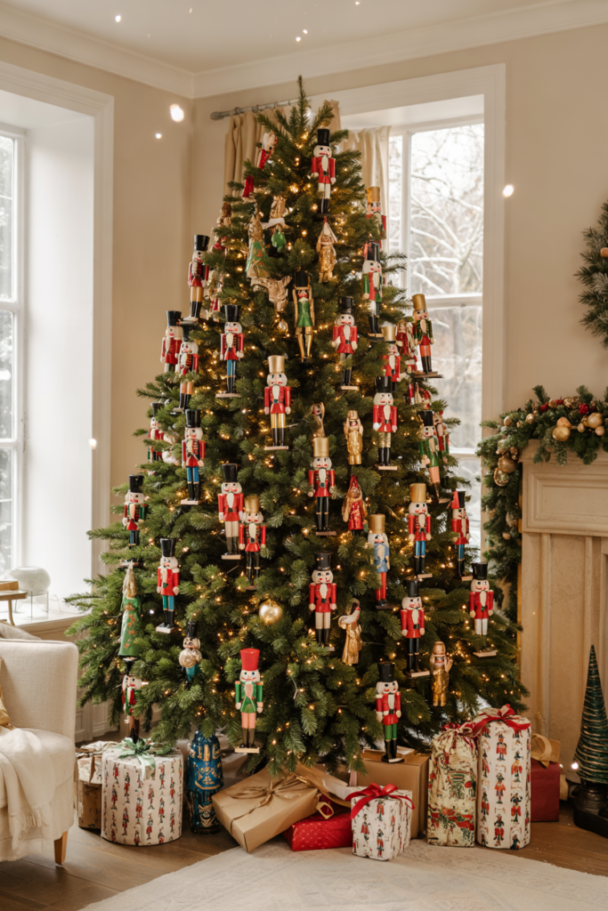 Christmas tree decorated with Nutcracker-shaped ornaments, gold baubles, and warm fairy lights.