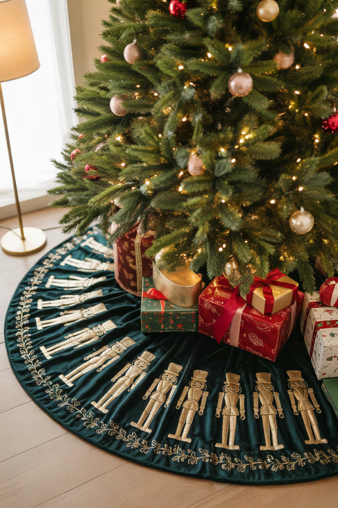 Christmas tree with a Nutcracker-themed tree skirt featuring toy-soldier prints in a warm, modern festive living room.