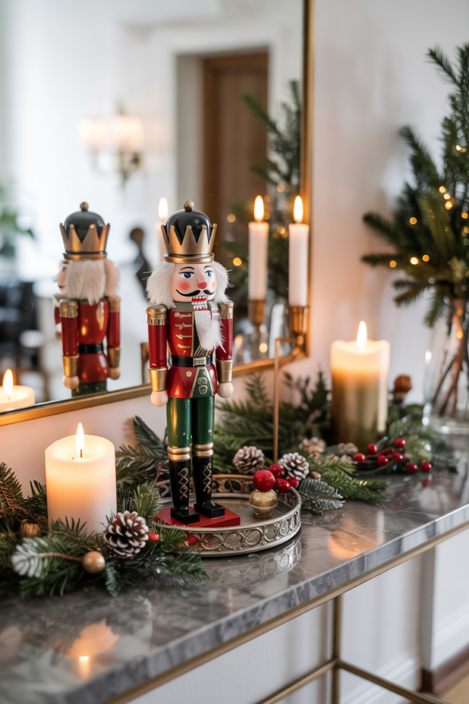 Nutcracker vignette on a tray with greenery and candles in a modern festive hallway.