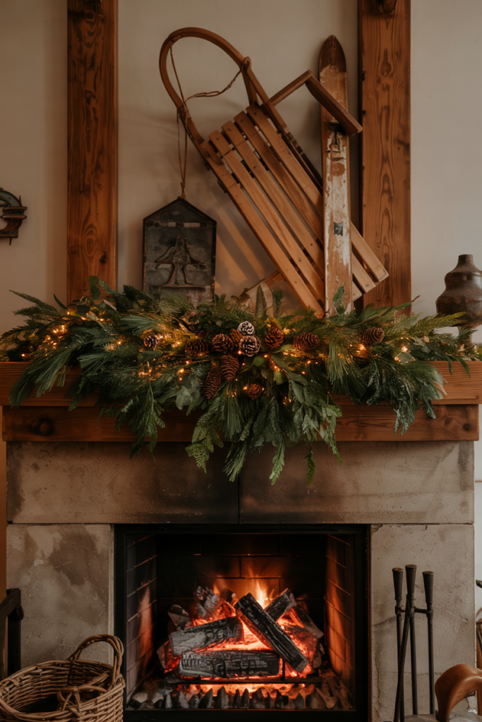 A rustic Christmas fireplace mantel decorated with an old-fashioned sled, vintage skis, and evergreen swag, creating a nostalgic and charming holiday display with antique statement pieces.