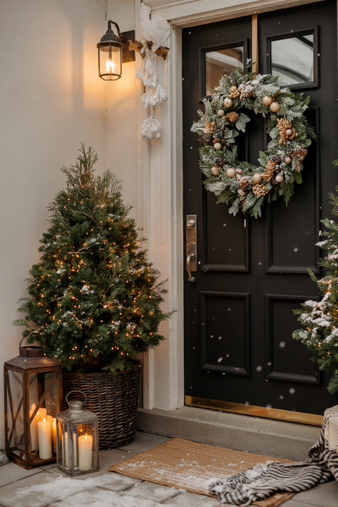 An asymmetrically styled porch with all décor concentrated on one side—a lush oversized wreath, a statement mini tree in a basket, stacked lanterns, and lightly snow-dusted steps.
