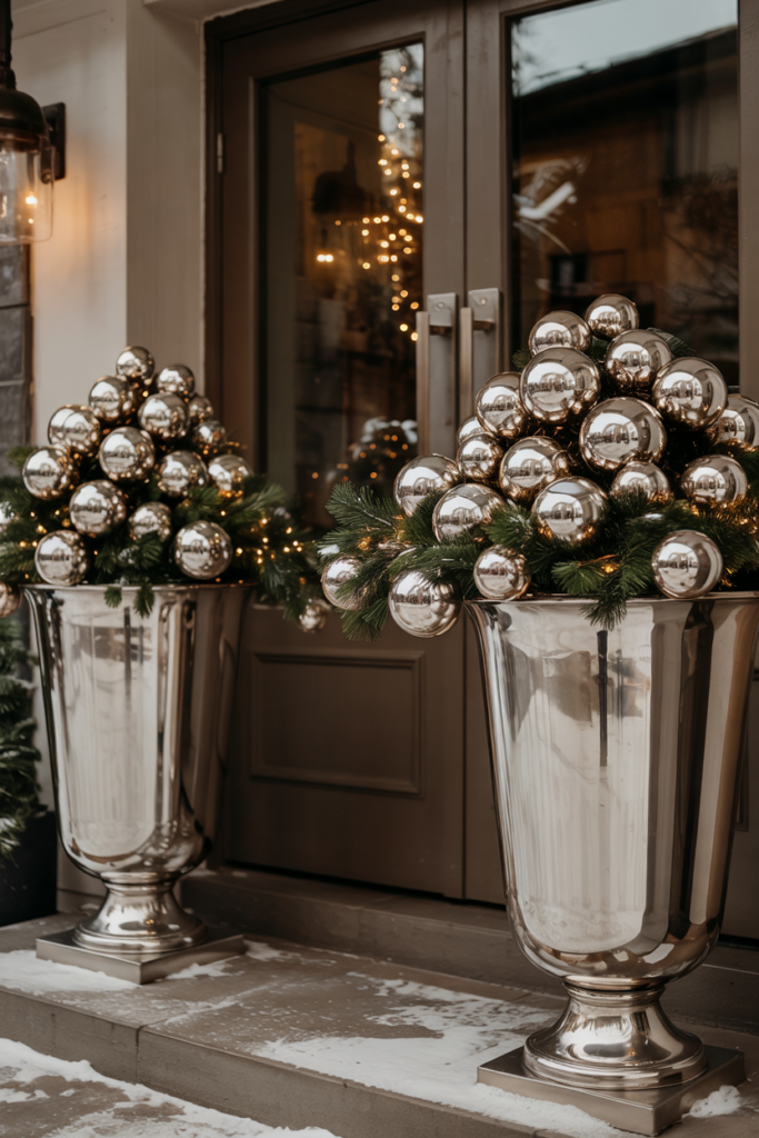 Two giant glossy urns filled with highly reflective chrome ornaments and woven lights, placed beside the front door.