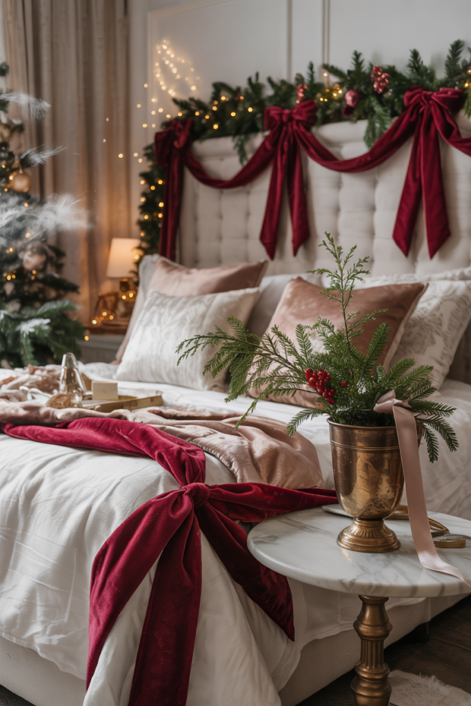 A plush cream headboard dramatically draped with oversized velvet bows and statement ribbons in ruby color.