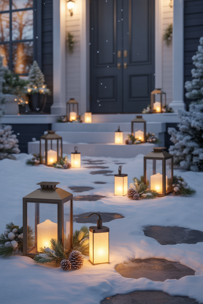 A staggered pathway of LED luminaries and lanterns at varied heights lining snow-dusted steps and walkways.