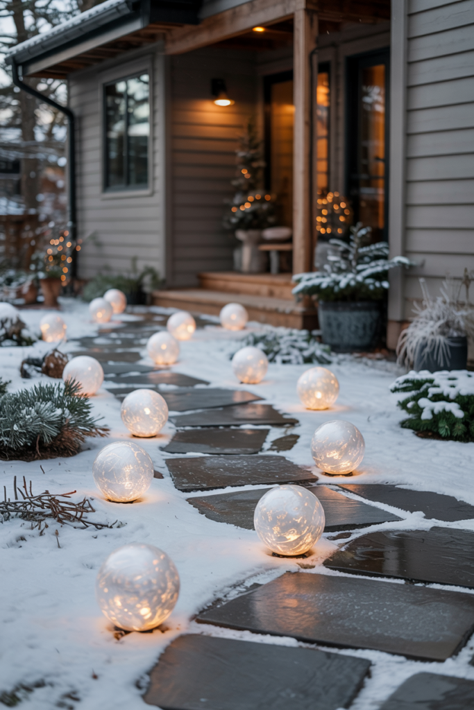 Modern luxe porch with glowing white and silver LED orbs lining the pathway, surrounded by frosted greenery, creating a magical Winter Wonderland entrance.