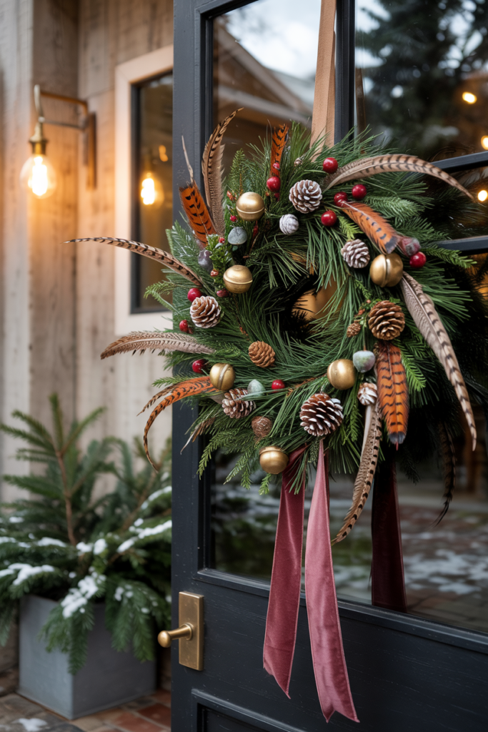 A warm natural wreath of pine sprigs and pheasant feathers with rustic bells and a velvet ribbon hanging on a modern door, flanked by frosted planters and drifting snow.