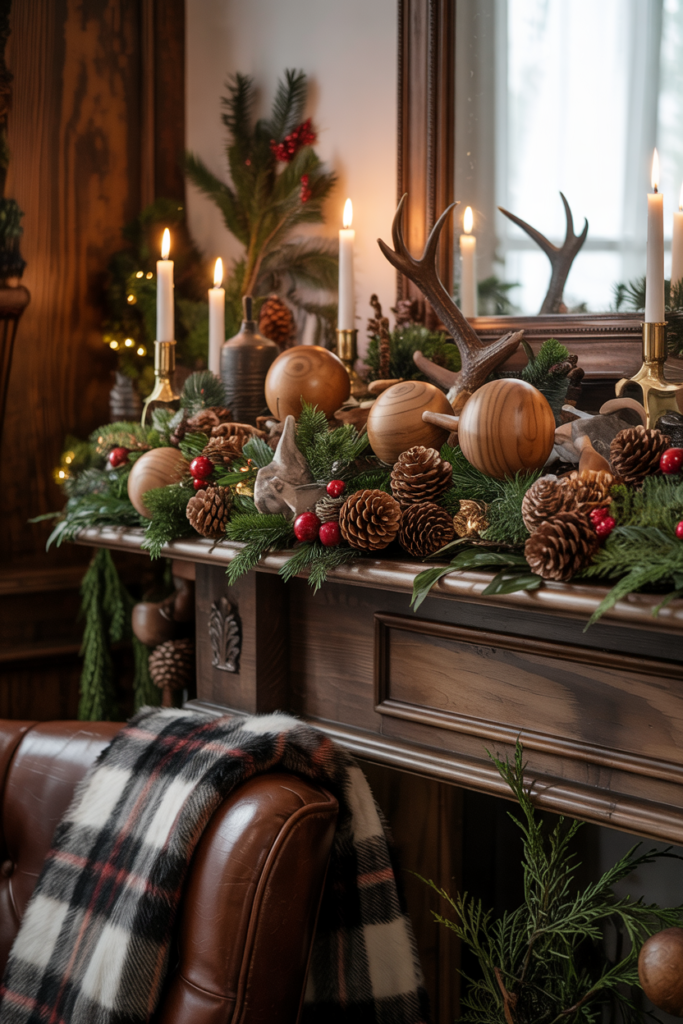 Ralph Lauren–style Christmas décor featuring pinecones, natural wood ornaments, faux antlers, evergreen accents, and subtle equestrian details in a cozy modern rustic living room with warm ambient lighting.