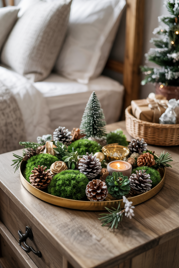A metallic tray filled with frosted pinecones, preserved moss balls, and small gold accents.