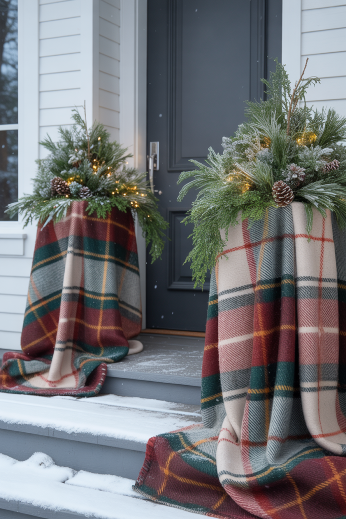 Planters wrapped in waterproof plaid blanket fabric filled with frosted greenery and subtle lights.