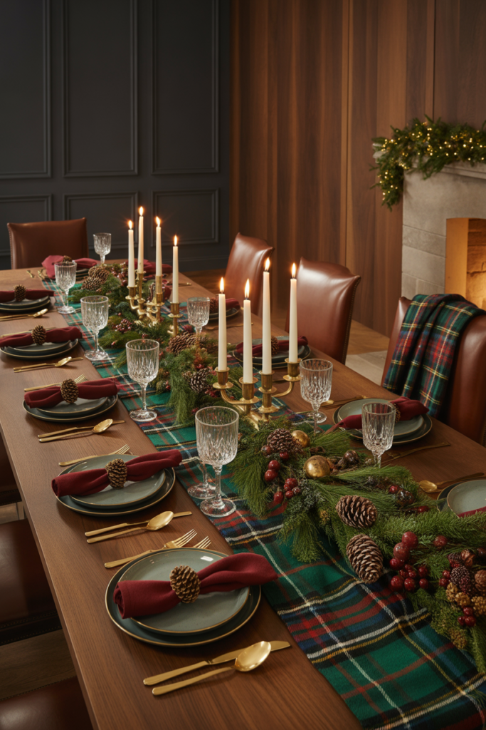 Ralph Lauren–style Christmas dining table with tartan tablecloth or runner, gold-rimmed dinnerware, brass candleholders, evergreen garlands, plaid accents, and cozy modern rustic surroundings.