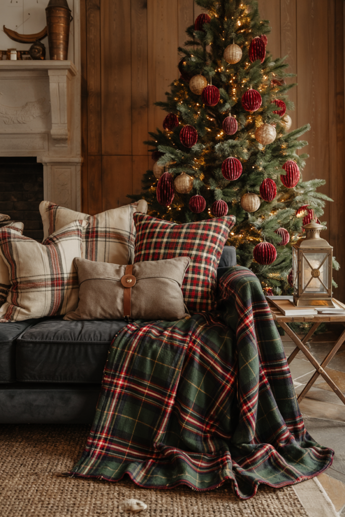 Cozy Ralph Lauren–inspired Christmas living room corner with a leather chair layered in plush tartan throws and plaid pillows, warm fireplace glow, brass accents, and a decorated tree creating a luxurious winter cabin atmosphere.
