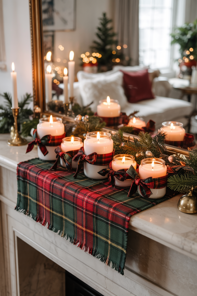 A modern winter mantel styled with plaid fabric wrapped around candle jars and used as a runner, accented by greenery and candles for a cozy heritage holiday look.