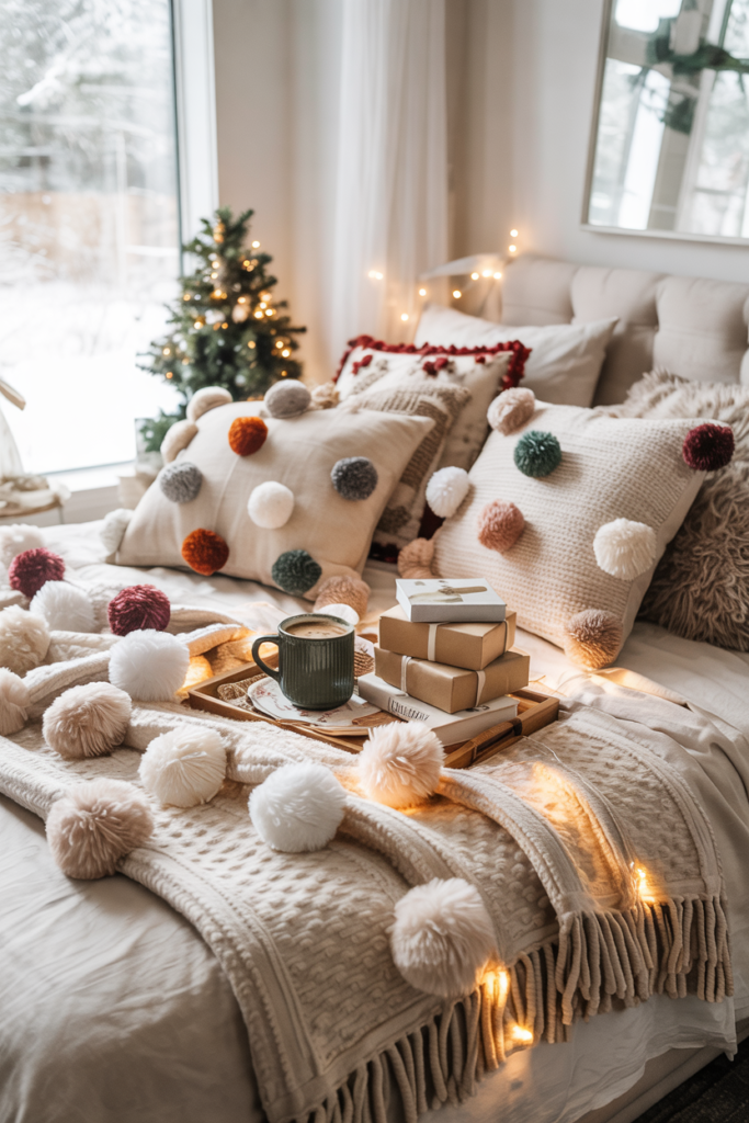 A playful, tactile bed layered with pom-pom fringe pillows and throws in neutrals with pops of berry and forest-green pom accents.