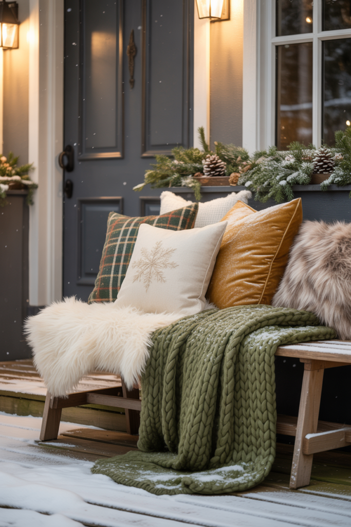 A porch bench layered with chunky knit blankets, faux-fur throws, and Christmas pillows in warm seasonal colors