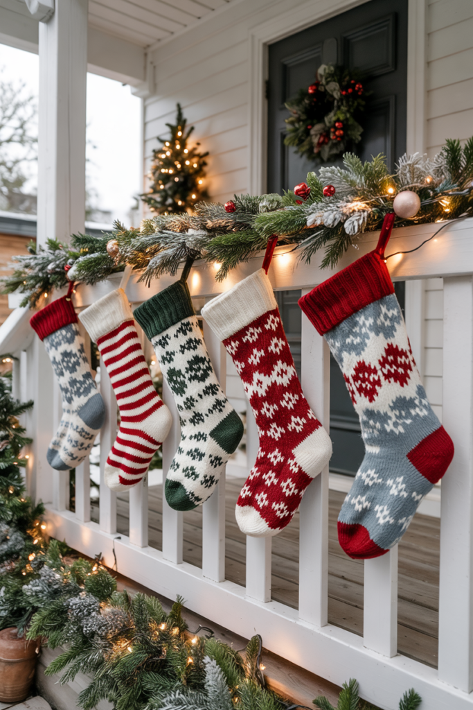 Large weatherproof knit stockings hung along a snow-dusted railing with twinkle lights and tucked evergreen sprigs .