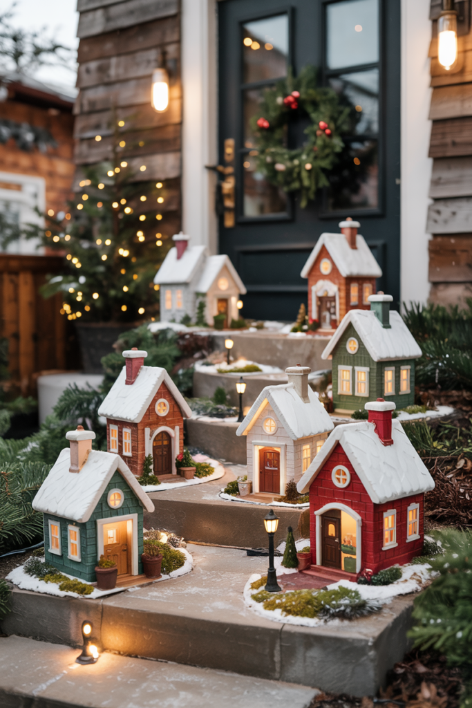 A charming elf-sized village of tiny glowing houses, lampposts, sleds, and moss tucked around the base of the door while the entryway remains fully visible and snow-kissed.