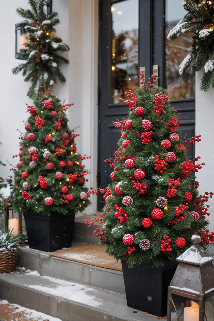 A long colonial-style door swag of fir, bay, apples, pears, and pomegranates with cinnamon and berries