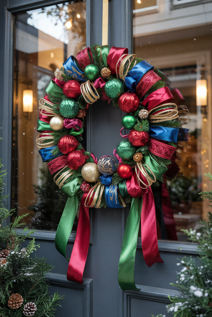 A couture ribbon wreath of layered satin, velvet, and metallic loops in jewel tones and metallic accents hanging on the modern door.
