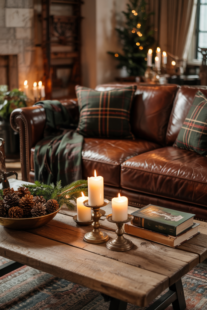 Ralph Lauren–style Christmas living room with rich textures: leather sofa, velvet throw, wool plaid pillows, wood table, pinecones, evergreens, and brass accents creating a warm, layered, heritage-inspired holiday atmosphere.