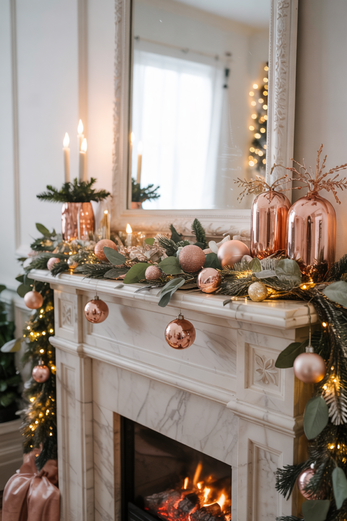 A modern luxe Christmas fireplace decorated with rose gold and blush accents, twinkle lights, and mirrored elements on the mantel, creating a soft-glam festive shimmer.