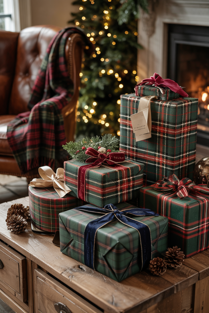 Ralph Lauren–style Christmas gifts wrapped in plaid or tartan paper with natural twine and vintage-style tags, displayed on a wooden table with pinecones, greenery, and cozy modern rustic holiday décor.