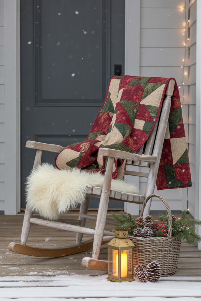 A rustic wooden rocking chair draped with a Christmas quilt and faux-fur throw beside a lantern and a basket of pinecones, staged near the door and snowy steps.