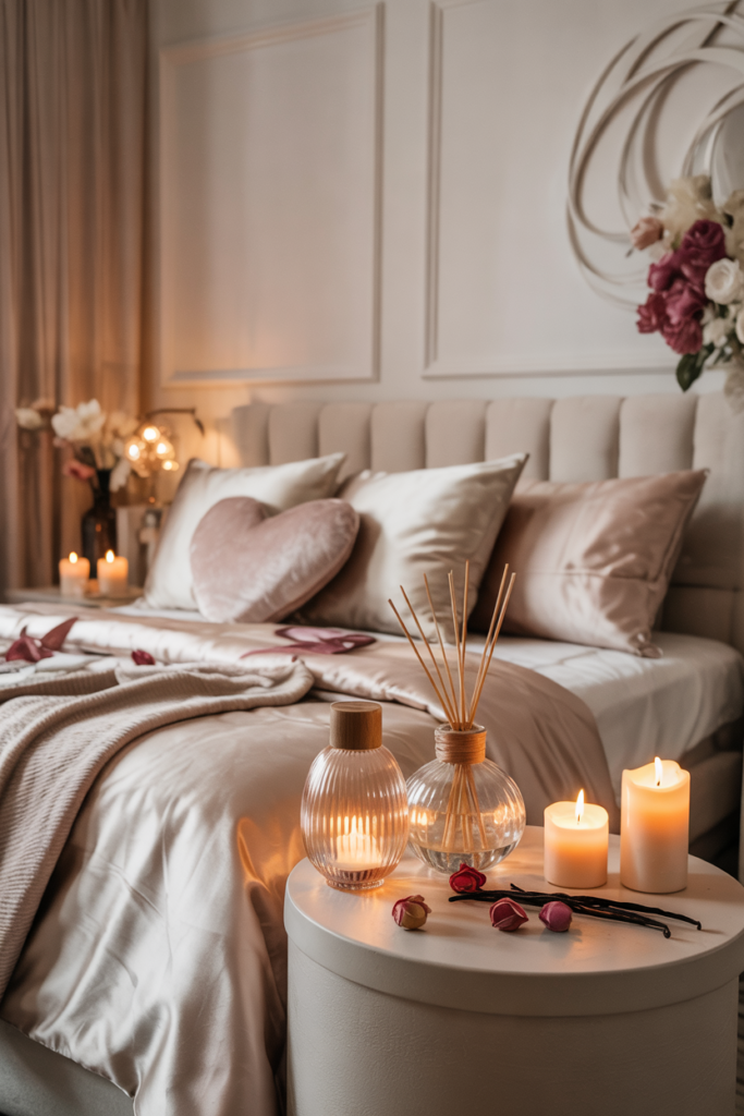 Styled bedside vignette featuring elegant glass diffusers, candles and small dishes of rose, vanilla and sandalwood elements beside a tidy bed.