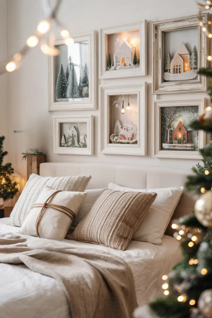 A gallery of shadow boxes and framed miniature dioramas—snowy bottle-brush forests, paper villages, and moss scenes—hung above the bed with warm internal LEDs.