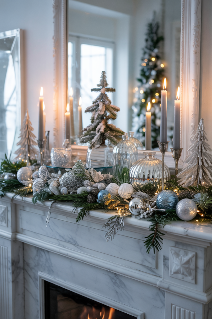 A modern luxe Christmas fireplace decorated with frosted greenery, crystal ornaments, and silver-icy blue accents, creating a glamorous winter-wonderland mantel.