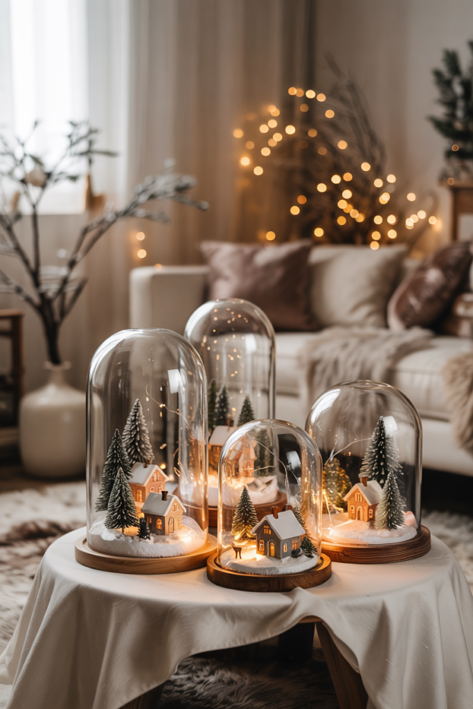 Cozy winter living room with glass cloches and snow globe terrariums displaying miniature snowy villages and woodland scenes on a coffee table surrounded by soft white and silver decor.